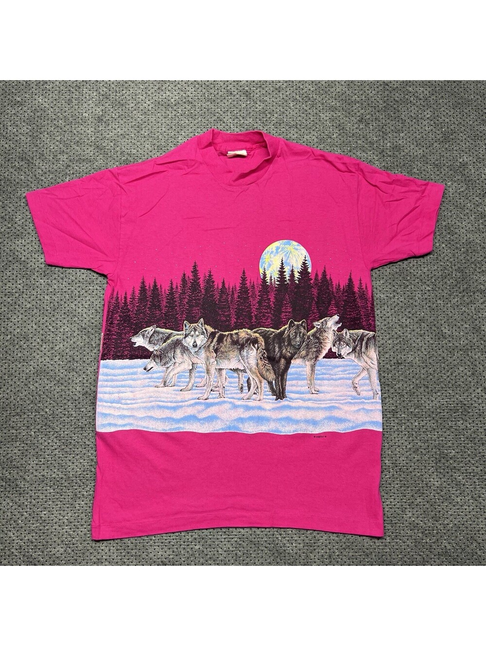 VINTAGE 1990S NATURE WILDLIFE WOLVES WRAPAROUND SHIRT SMALL RARE MENS PINK